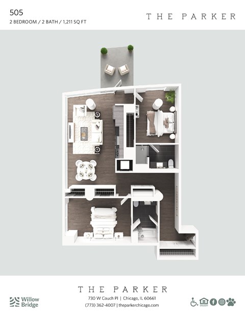 Floor plan for 2 beds, 2 baths, 1212 sqft